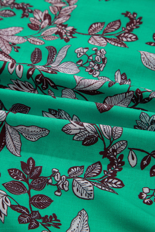 Green and Black Floral V-Neck Brown Trim Long Sleeve Blouse