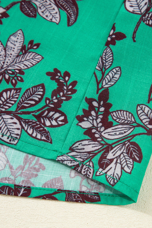 Green and Black Floral V-Neck Brown Trim Long Sleeve Blouse