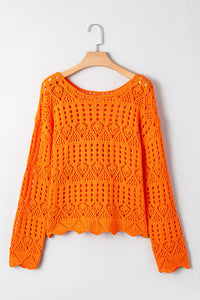 Orange Open Crochet Scallop Edge Long Sleeve Sweater
