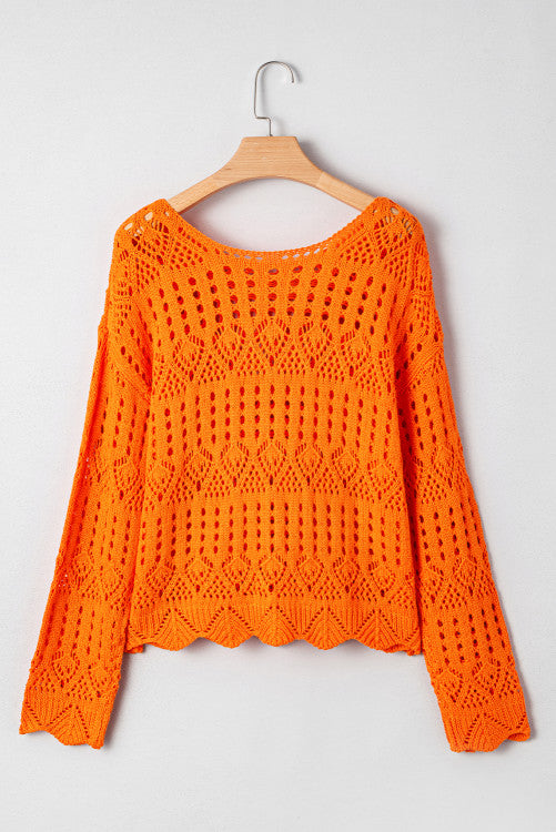 Orange Open Crochet Scallop Edge Long Sleeve Sweater