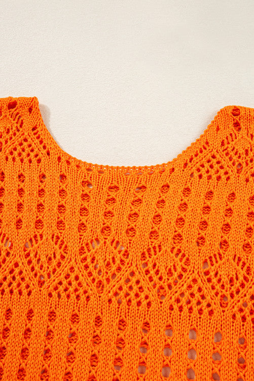 Orange Open Crochet Scallop Edge Long Sleeve Sweater