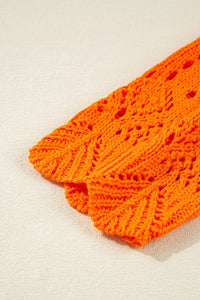 Orange Open Crochet Scallop Edge Long Sleeve Sweater