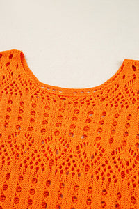 Orange Open Crochet Scallop Edge Long Sleeve Sweater