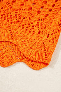 Orange Open Crochet Scallop Edge Long Sleeve Sweater