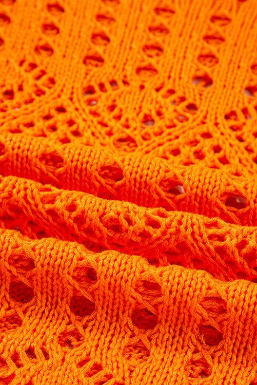 Orange Open Crochet Scallop Edge Long Sleeve Sweater