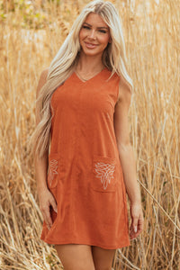 Rust Corduroy Western Embroidered Pocket Shift Sleeveless Mini Dress