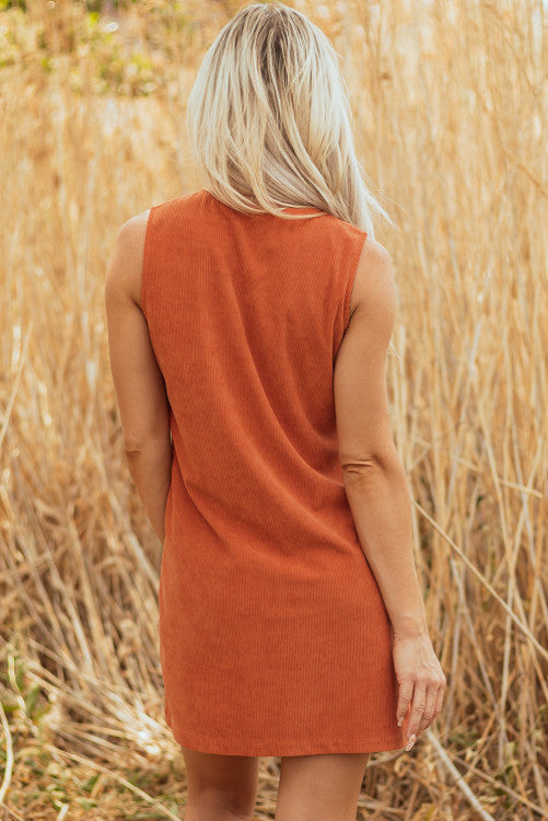 Rust Corduroy Western Embroidered Pocket Shift Sleeveless Mini Dress