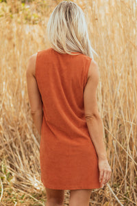 Rust Corduroy Western Embroidered Pocket Shift Sleeveless Mini Dress