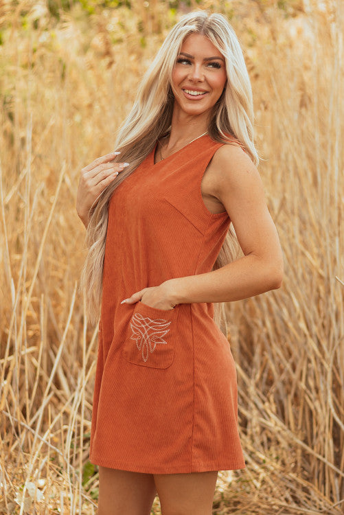 Rust Corduroy Western Embroidered Pocket Shift Sleeveless Mini Dress