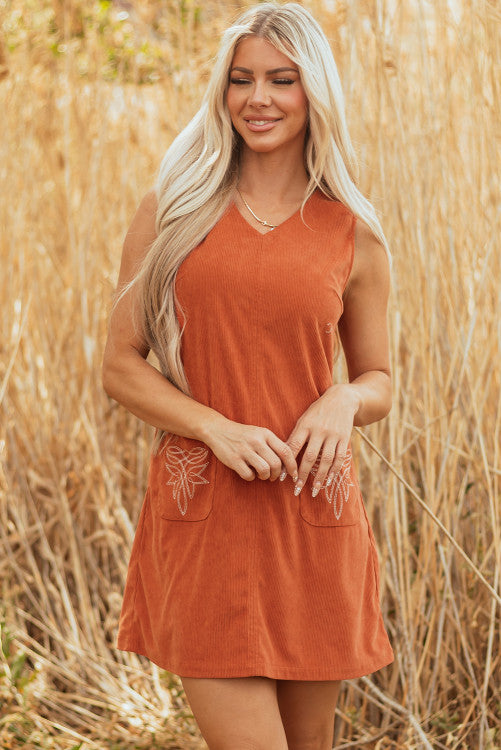 Rust Corduroy Western Embroidered Pocket Shift Sleeveless Mini Dress