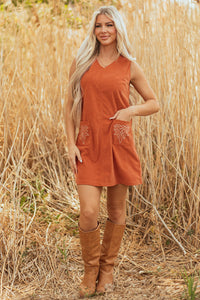 Rust Corduroy Western Embroidered Pocket Shift Sleeveless Mini Dress