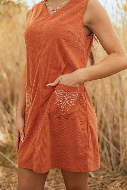 Rust Corduroy Western Embroidered Pocket Shift Sleeveless Mini Dress