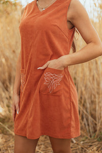 Rust Corduroy Western Embroidered Pocket Shift Sleeveless Mini Dress