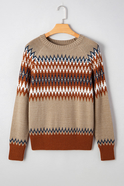 Rust and Tan Aztec Design Crew Neck Sweater
