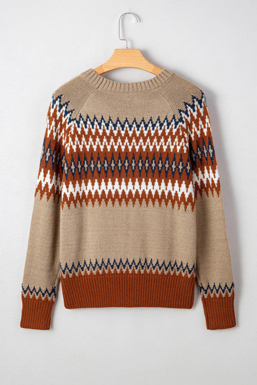 Rust and Tan Aztec Design Crew Neck Sweater