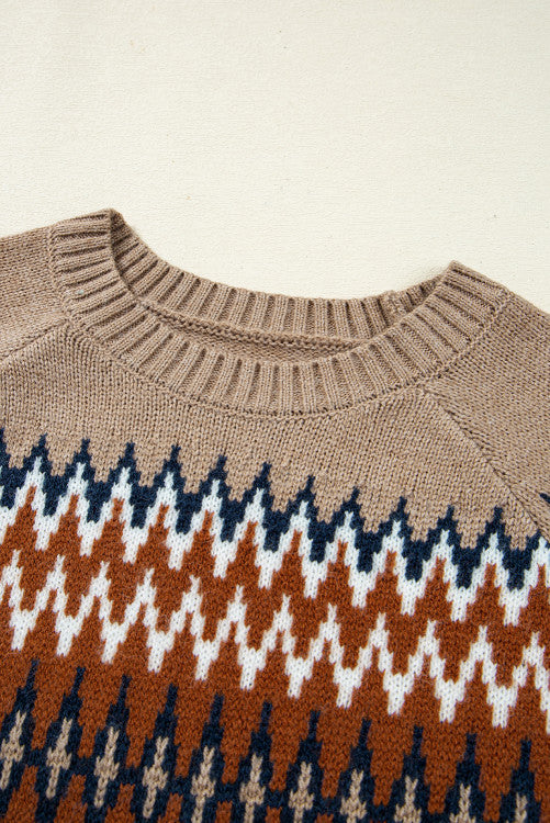 Rust and Tan Aztec Design Crew Neck Sweater