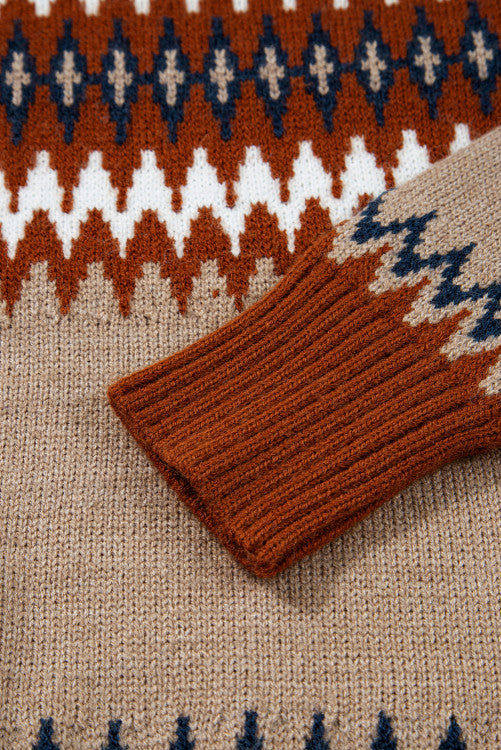 Rust and Tan Aztec Design Crew Neck Sweater
