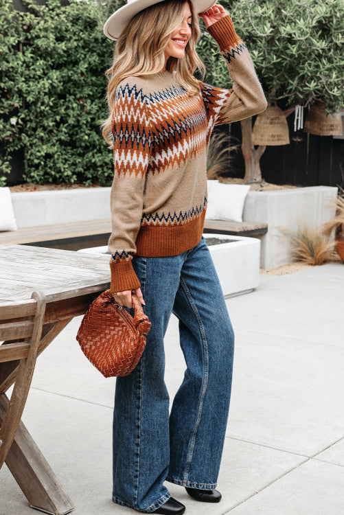 Rust and Tan Aztec Design Crew Neck Sweater