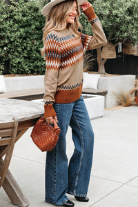Rust and Tan Aztec Design Crew Neck Sweater