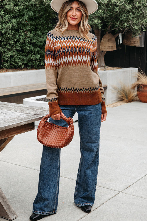 Rust and Tan Aztec Design Crew Neck Sweater