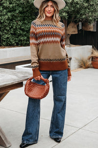 Rust and Tan Aztec Design Crew Neck Sweater