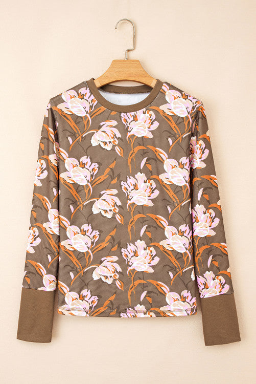Brown Pink Floral Print Waffle Knit Long Sleeve Top