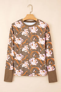 Brown Pink Floral Print Waffle Knit Long Sleeve Top