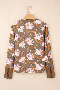 Brown Pink Floral Print Waffle Knit Long Sleeve Top