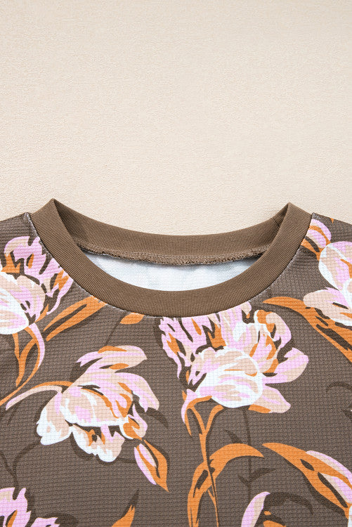 Brown Pink Floral Print Waffle Knit Long Sleeve Top