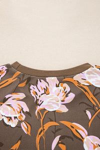 Brown Pink Floral Print Waffle Knit Long Sleeve Top
