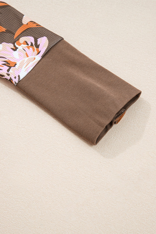 Brown Pink Floral Print Waffle Knit Long Sleeve Top