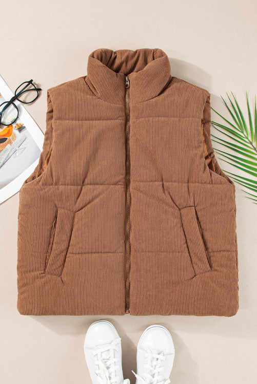 Light Brown Corduroy Zip Up  Mock Neck Puffer Vest