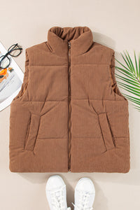 Light Brown Corduroy Zip Up  Mock Neck Puffer Vest