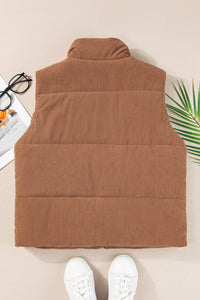 Light Brown Corduroy Zip Up  Mock Neck Puffer Vest