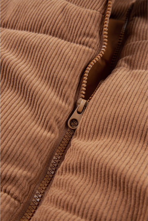 Light Brown Corduroy Zip Up  Mock Neck Puffer Vest