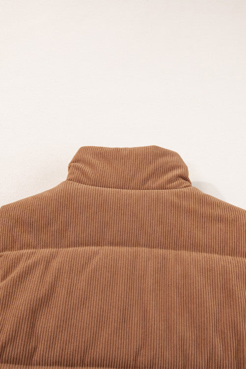 Light Brown Corduroy Zip Up  Mock Neck Puffer Vest