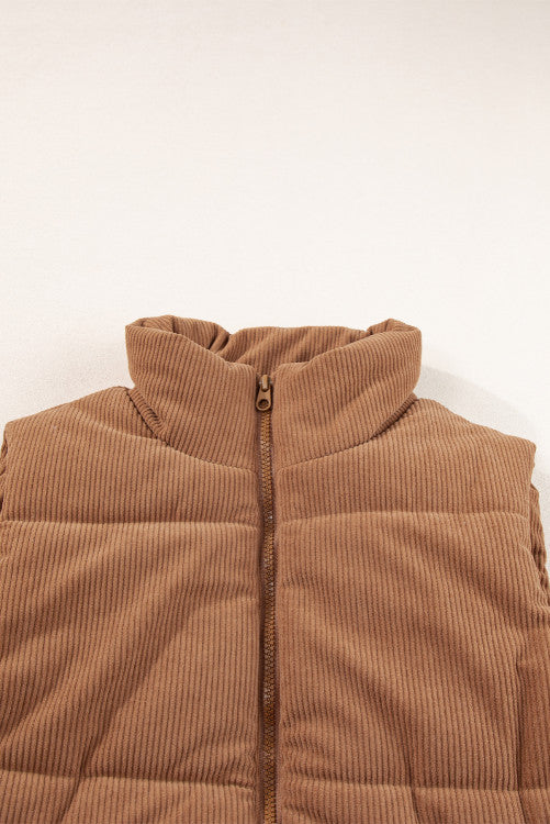 Light Brown Corduroy Zip Up  Mock Neck Puffer Vest