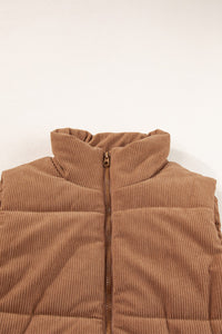 Light Brown Corduroy Zip Up  Mock Neck Puffer Vest
