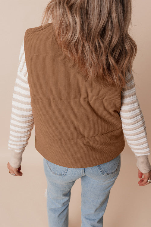 Light Brown Corduroy Zip Up  Mock Neck Puffer Vest