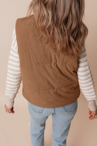 Light Brown Corduroy Zip Up  Mock Neck Puffer Vest