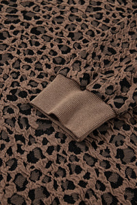 Brown Textured Leopard Print Puckered Shoulder Long Sleeve Top