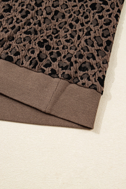 Brown Textured Leopard Print Puckered Shoulder Long Sleeve Top