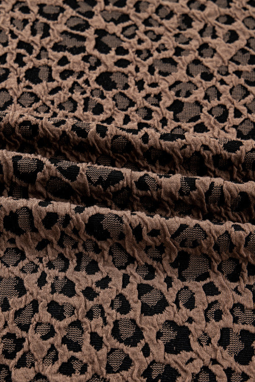 Brown Textured Leopard Print Puckered Shoulder Long Sleeve Top