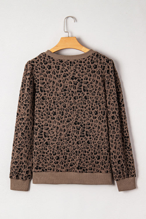 Brown Textured Leopard Print Puckered Shoulder Long Sleeve Top