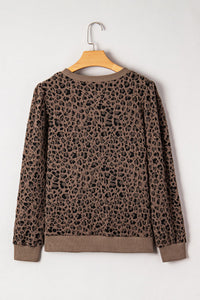 Brown Textured Leopard Print Puckered Shoulder Long Sleeve Top