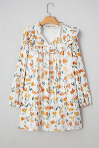 Orange Fall Floral Ruffled V-Neck Long Sleeve Mini Dress