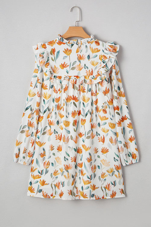 Orange Fall Floral Ruffled V-Neck Long Sleeve Mini Dress