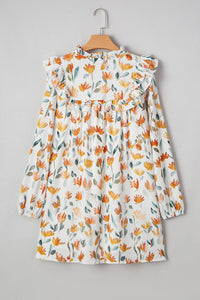 Orange Fall Floral Ruffled V-Neck Long Sleeve Mini Dress