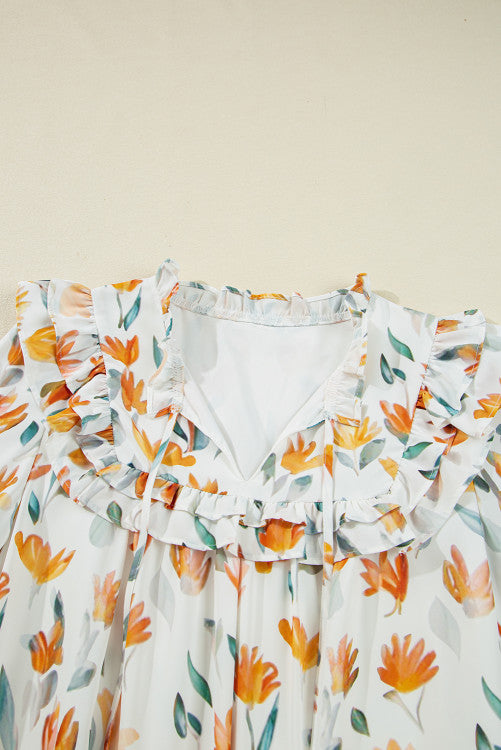 Orange Fall Floral Ruffled V-Neck Long Sleeve Mini Dress