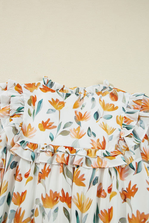 Orange Fall Floral Ruffled V-Neck Long Sleeve Mini Dress